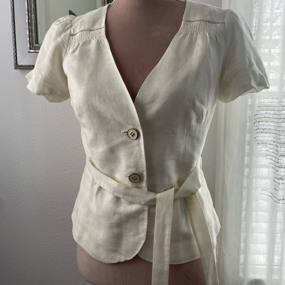 Ann Taylor Loft Petites, Size 6P, Women’s Cream Button-Front Tie-Waist Top
